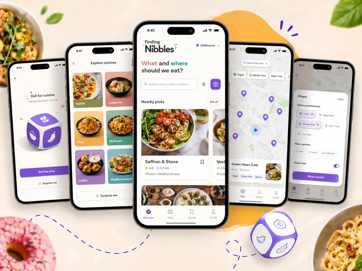 Finding Nibbles app: mobile screens with a cuisine dice roll, nearby food picks, a map of places, and dietary filters such as vegan and gluten-free.
