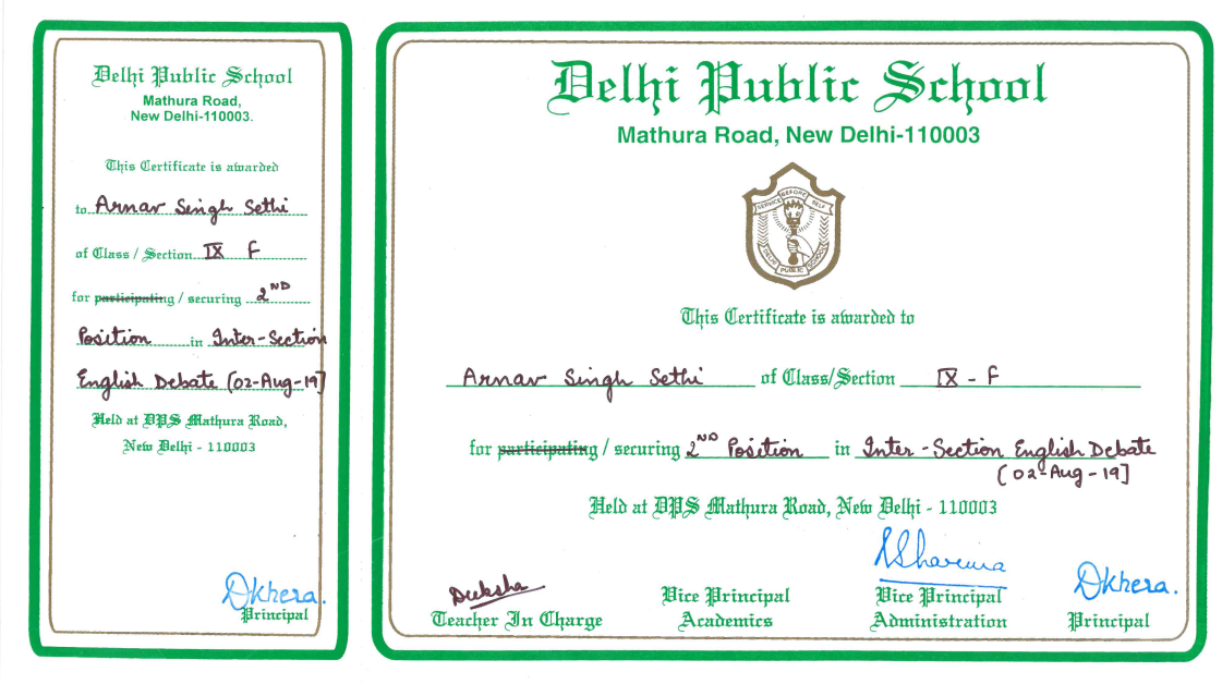 English debate, certificate