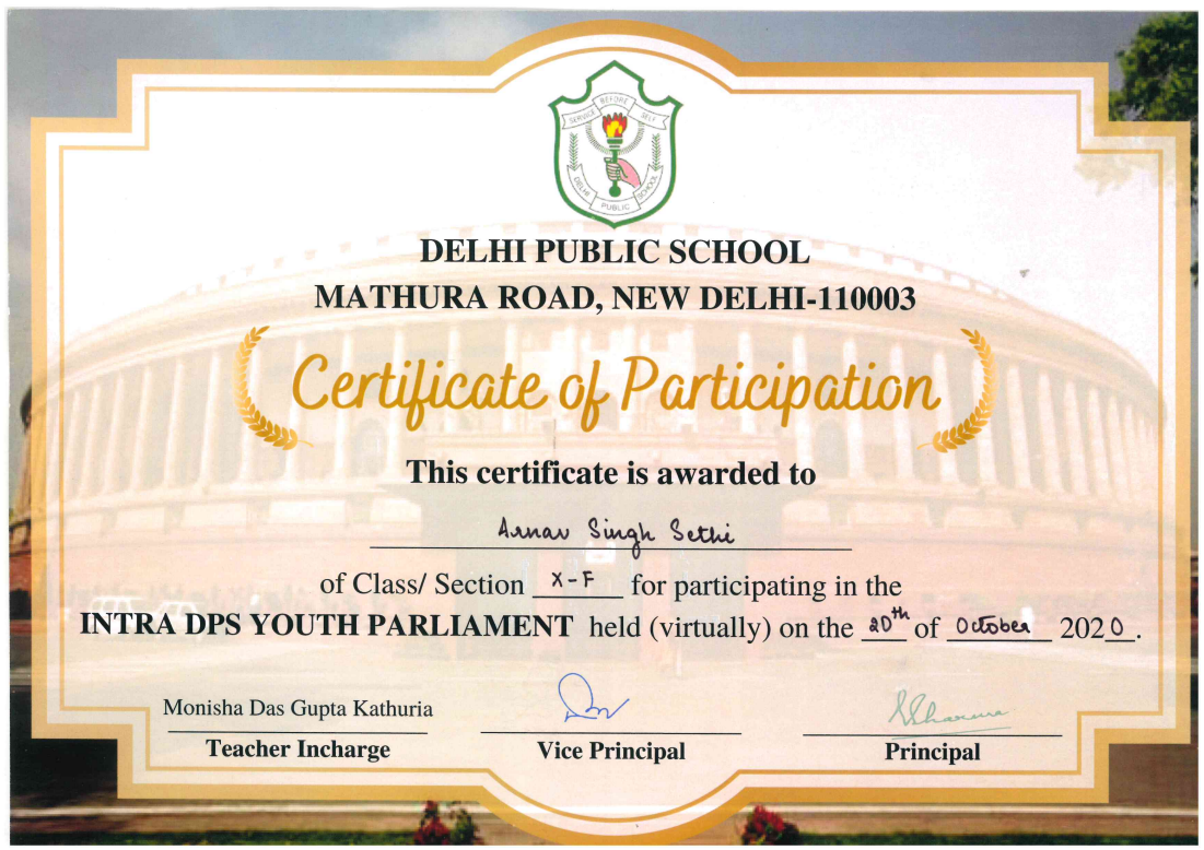 Youth parliament, certificate