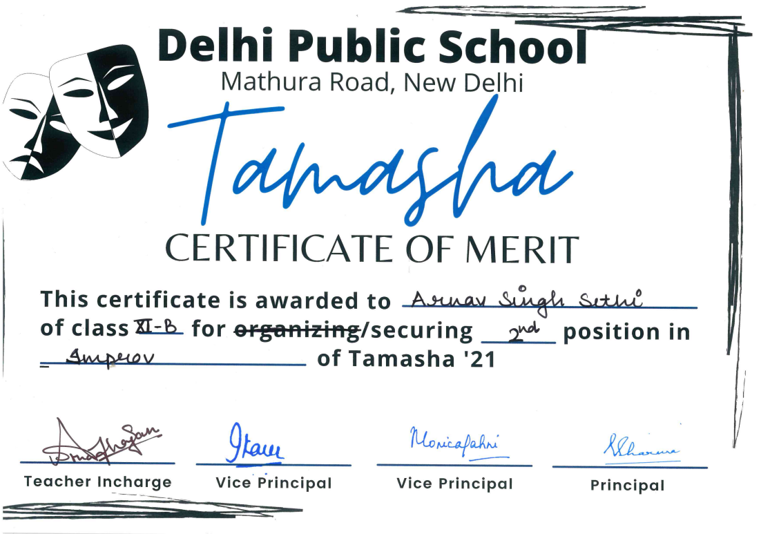 Improv, Tamasha, certificate
