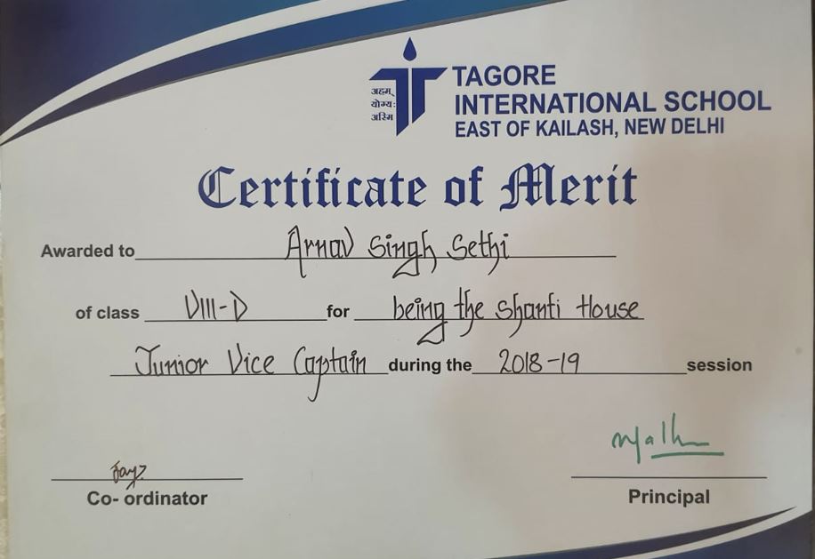 Junior Vice Captain, certificate
