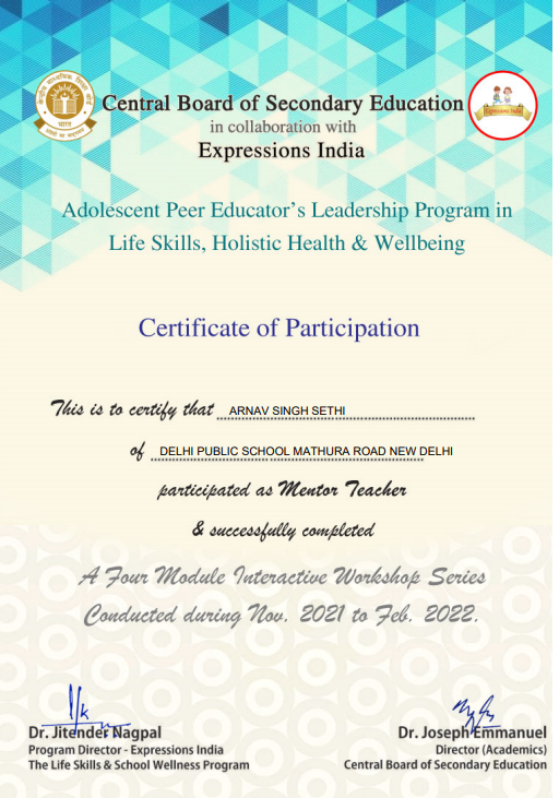 CBSE Life Skills, certificate