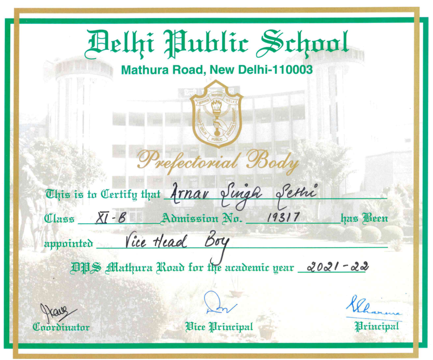 Vice Head Boy, certificate