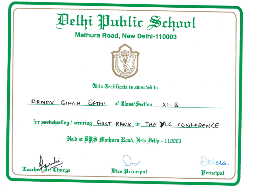 Young Leaders' Club conference, certificate
