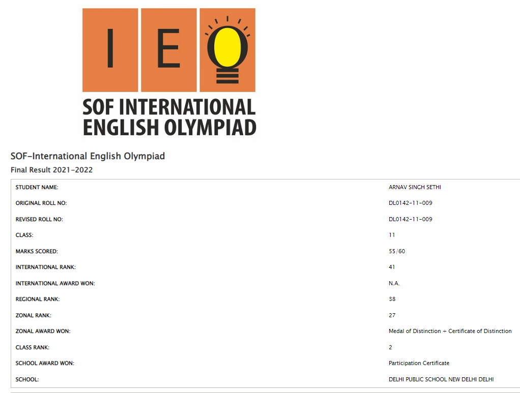 SOF English Olympiad, certificate