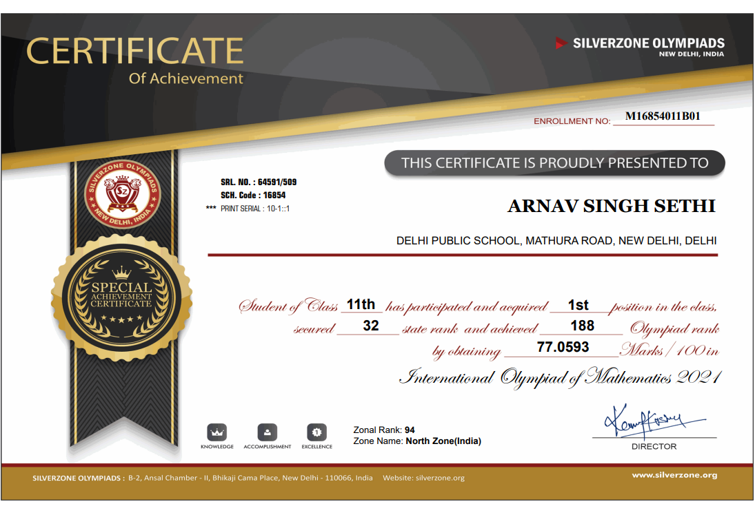 International Mathematics Olympiad, Silverzone, certificate