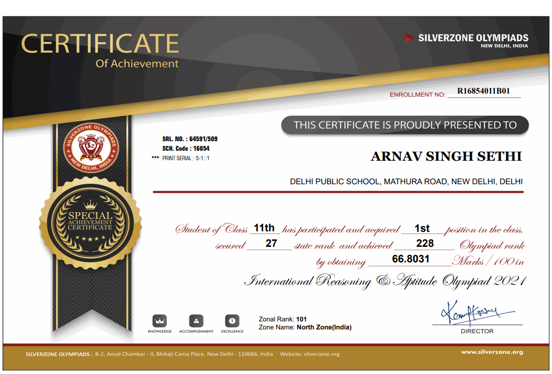 International Reasoning and Aptitude Olympiad, Silverzone, certificate