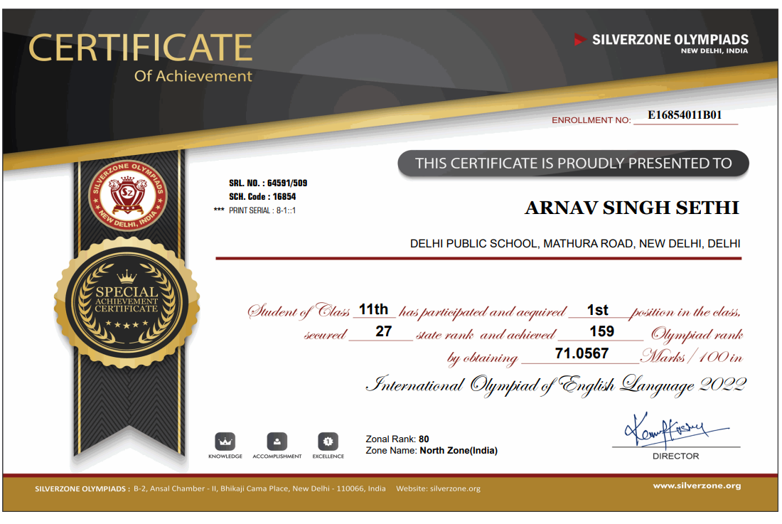 Silverzone English Olympiad, certificate