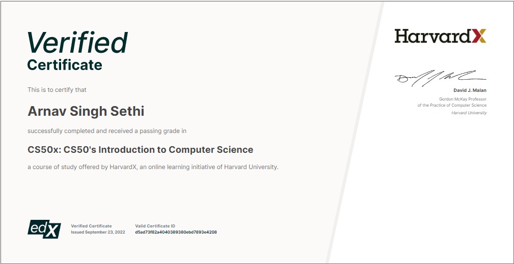 Harvard CS50, certificate